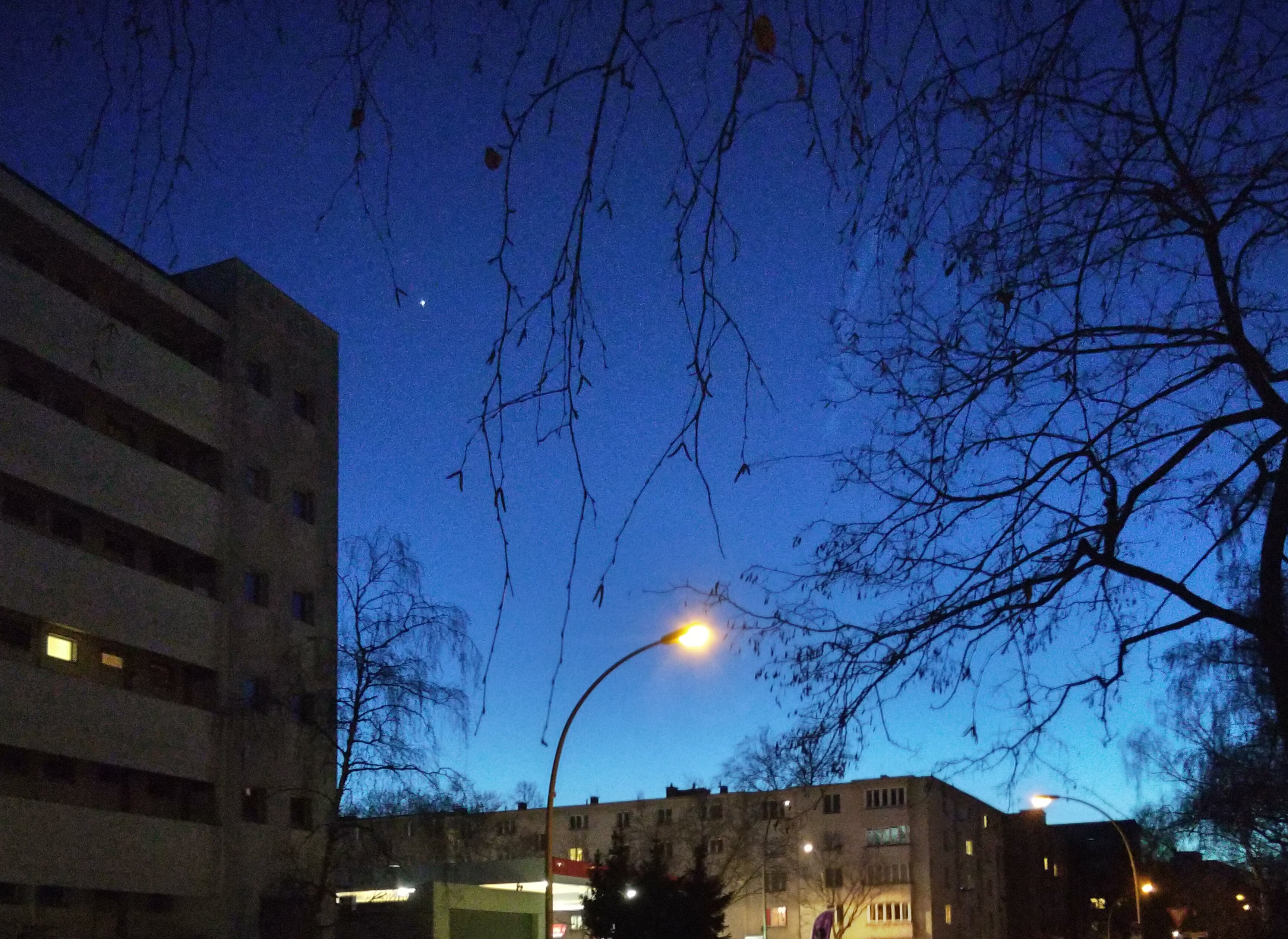 Street lights and royal blue sky